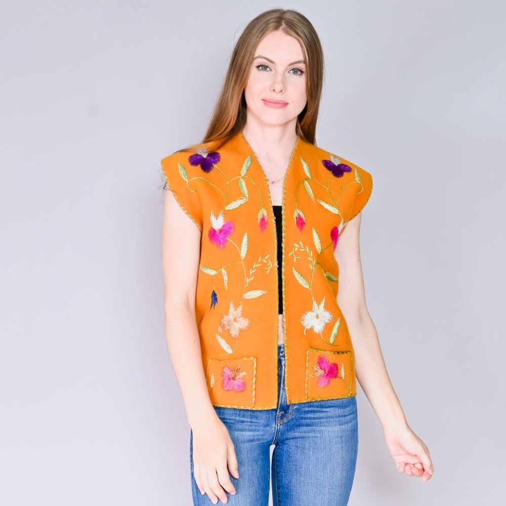 VINTAGE Embroidered Floral Pumpkin Color Felt Vest - Picture 6 of 12